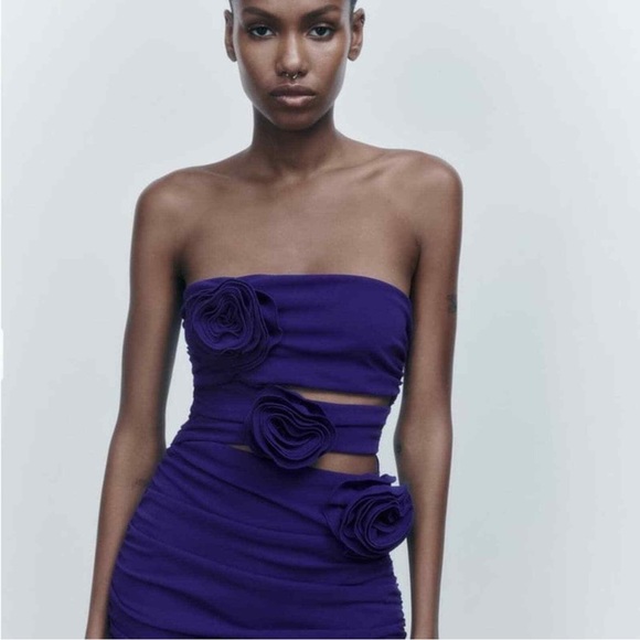 BNWT Zara Blue Violet Cutout Flower Appliqué Detail Dress - Picture 2 of 6